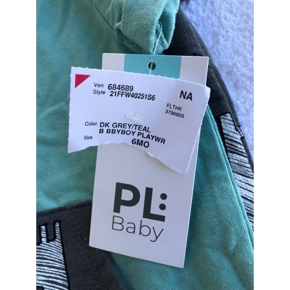 PL:Baby Romper Coverall 2 Pc Set Dark Grey/Teal Dinosaur Design 6M - Picture 11 of 12